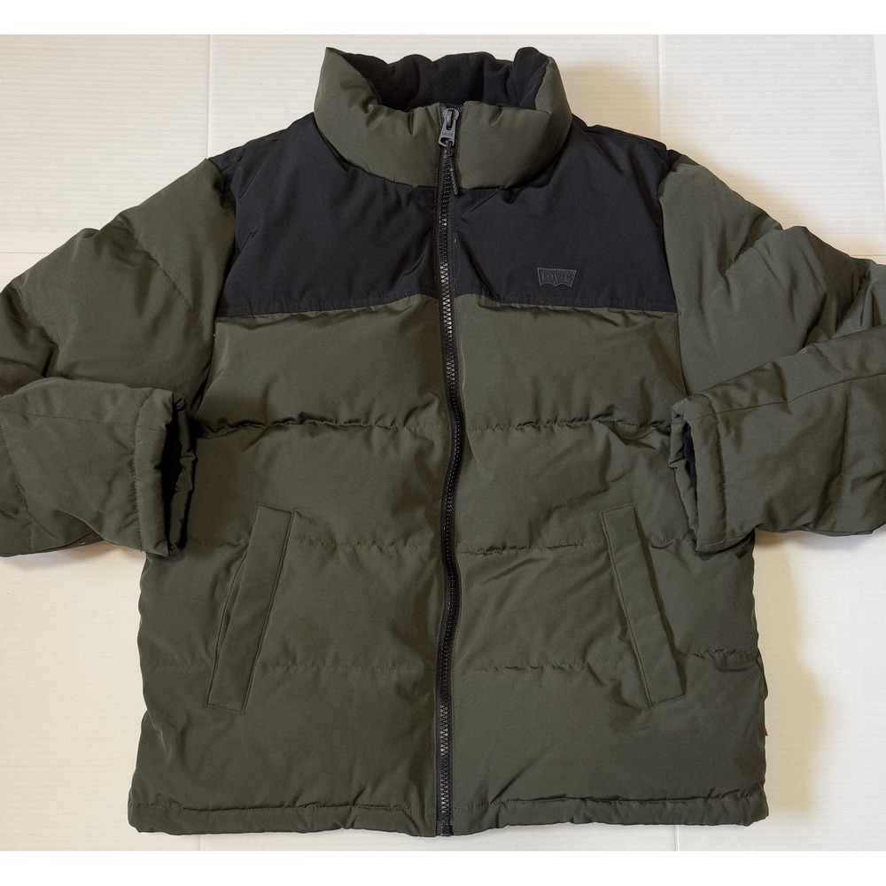 LEVIS‎ - Men's Stand Collar Logo Puffer Jacket - Olive Black - Size Large